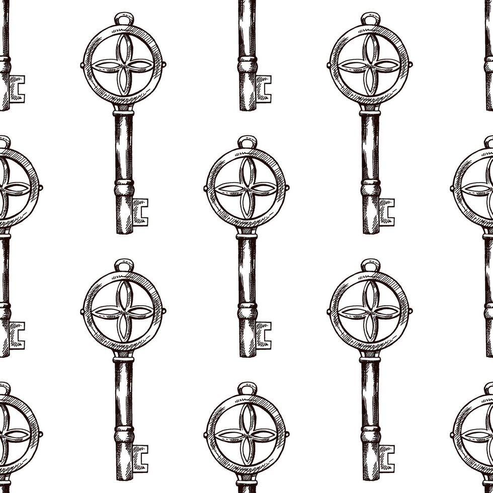 Hand-drawn seamless pattern of vintage decorative keys sketches with intricate forging. Ink and pen drawing illustration, keys on white background. vector