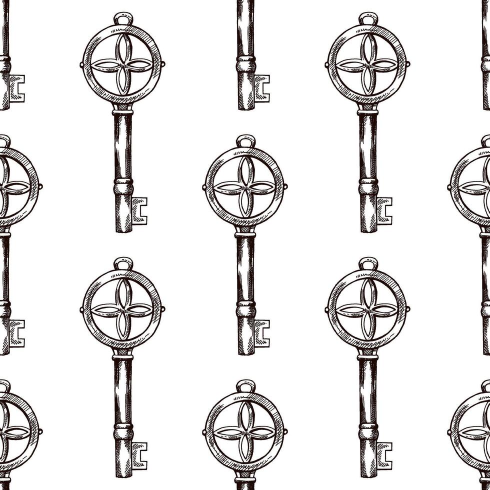 Hand-drawn seamless pattern of vintage decorative keys sketches with intricate forging. Ink and pen drawing illustration, keys on white background. vector