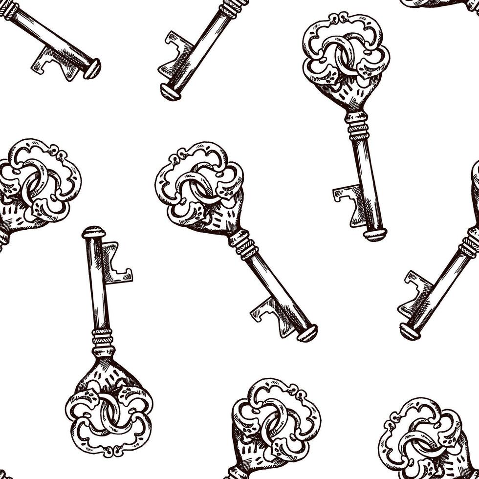 Hand-drawn seamless pattern of vintage decorative keys sketches with intricate forging. Ink and pen drawing illustration, keys on white background. vector