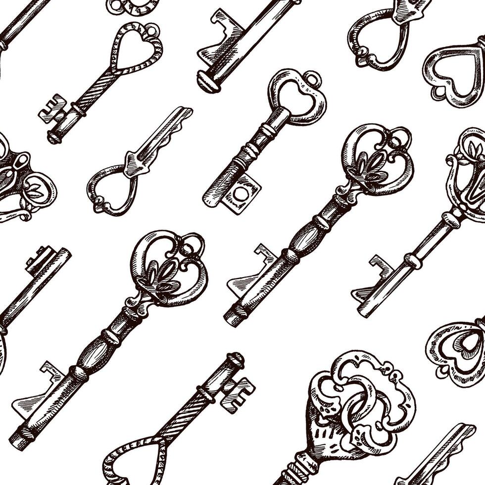 Hand-drawn seamless pattern of vintage decorative keys sketches with intricate forging. Ink and pen drawing illustration, keys on white background. vector