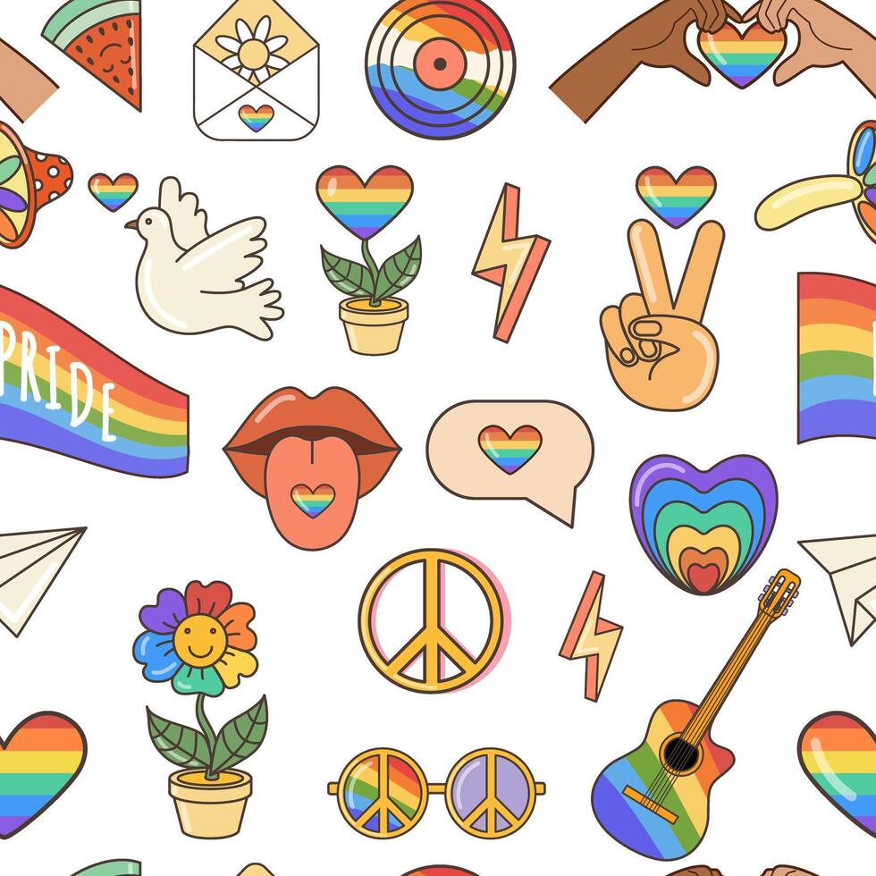 LGBTQ seamless pattern. Symbols of the LGBT pride community. Flat illustration in 70s retro clipart design. vector