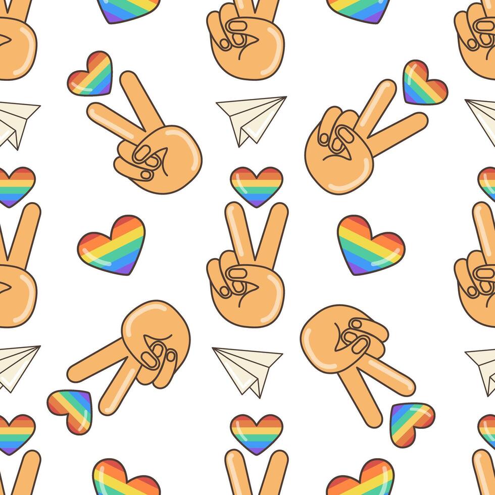 Hand gesture V sign as victory or peace with LGBT colored heart, seamless pattern. illustration in cartoon style. 70s retro clipart design. vector