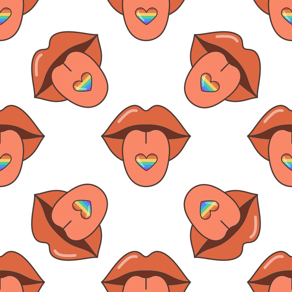 A mouth with lips and a heart on the tongue, seamless pattern. The heart is made in the colors of the LGBT flag. A flat illustration in the style of the 70s. vector