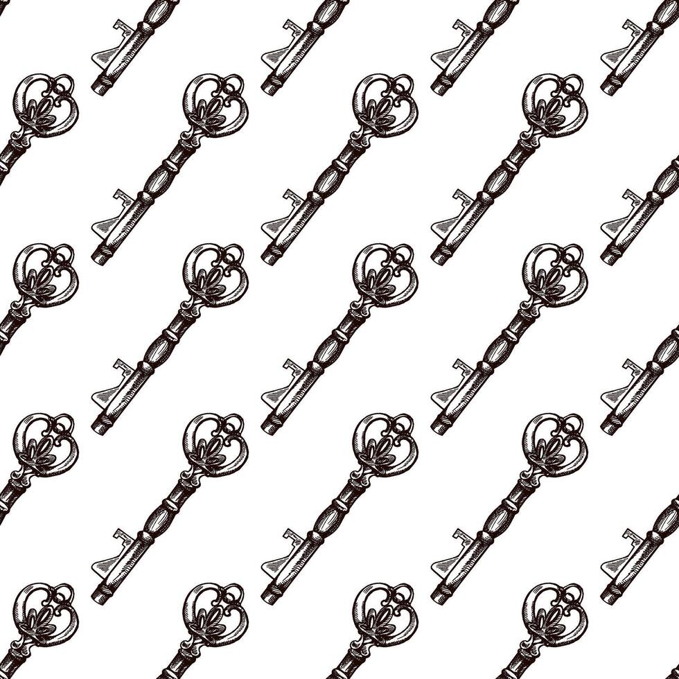 Hand-drawn seamless pattern of vintage decorative keys sketches with intricate forging. Ink and pen drawing illustration, keys on white background. vector