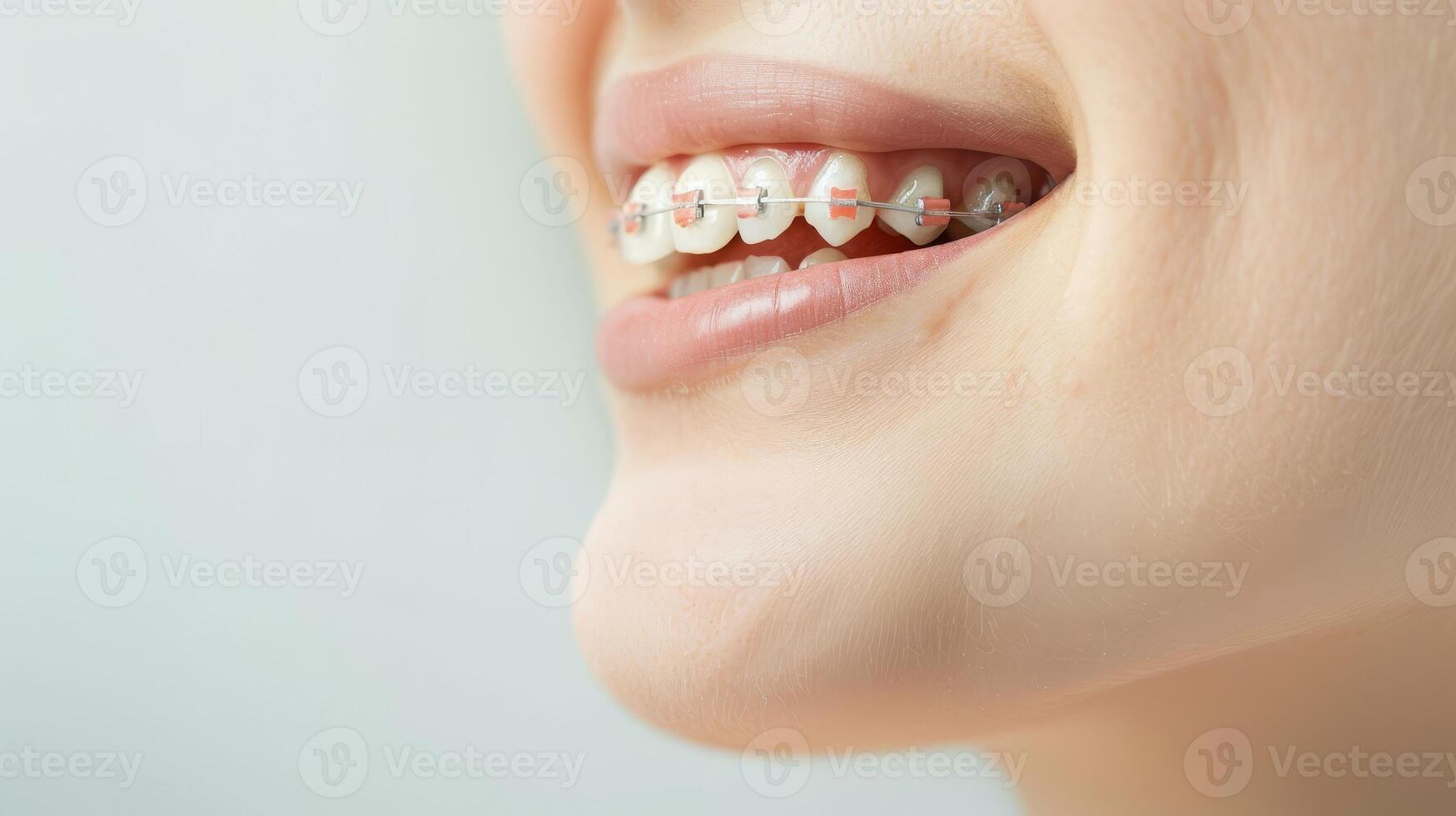 braces on teeth Beautiful red lips and white teeth with metal braces. A girl's smile. photo