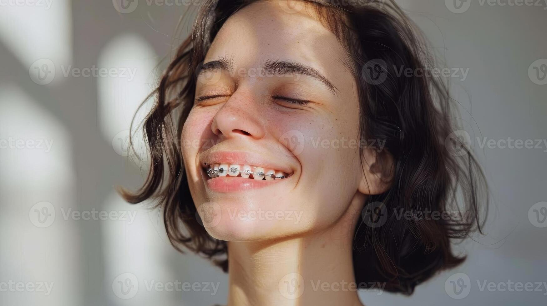 braces on teeth Beautiful red lips and white teeth with metal braces. A girl's smile. photo