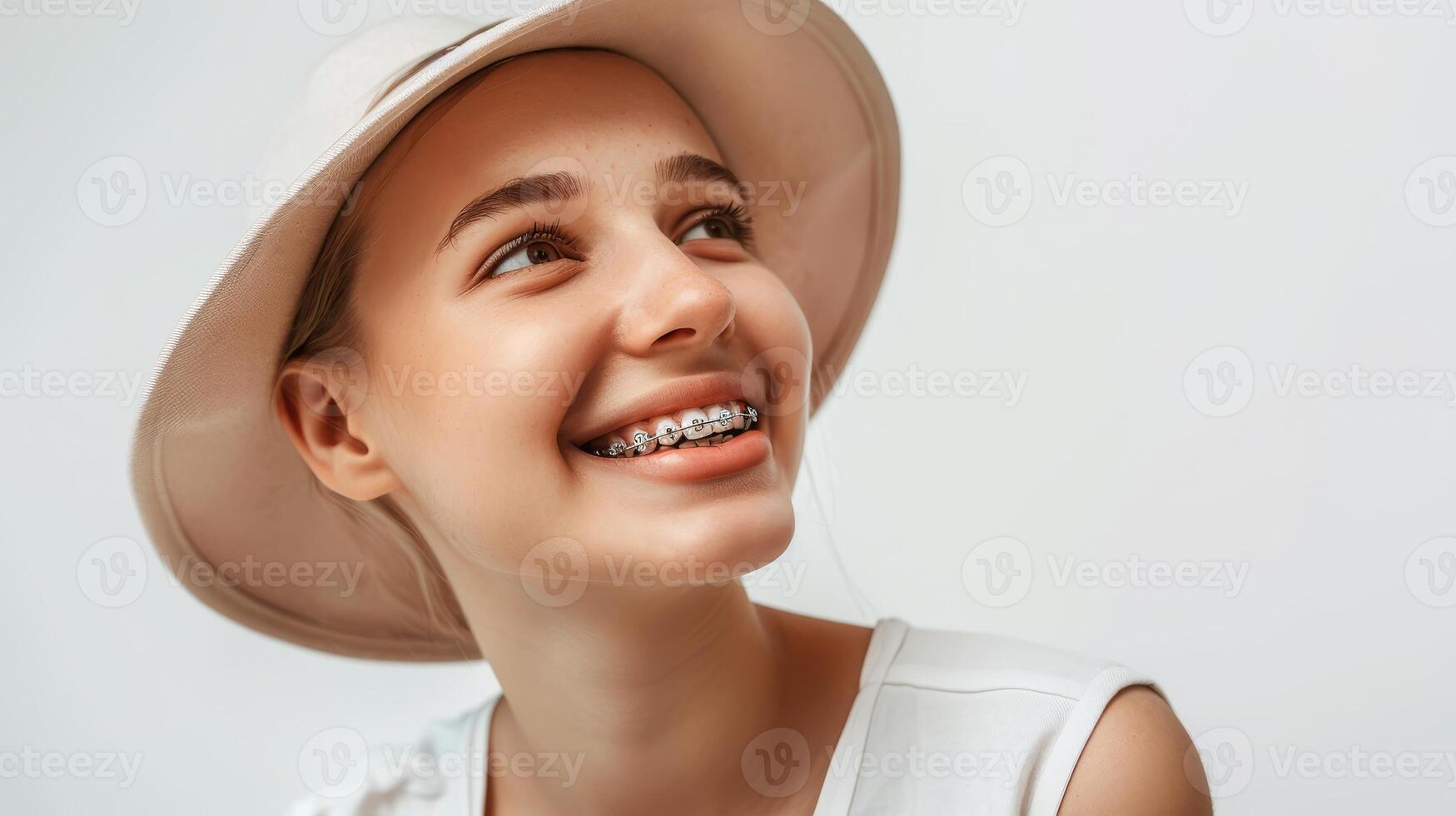 braces on teeth Beautiful red lips and white teeth with metal braces. A girl's smile. photo