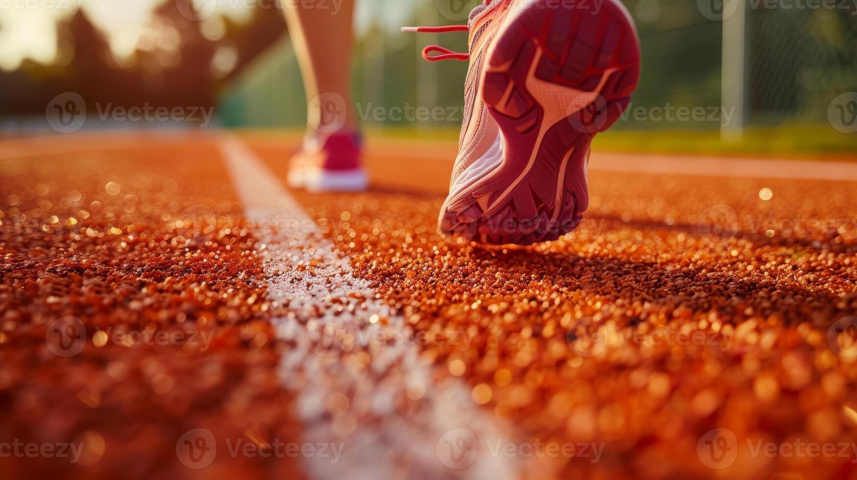 Fitness, sports, training, people and lifestyle concepts. Close-up of woman's feet running on a track from behind. photo