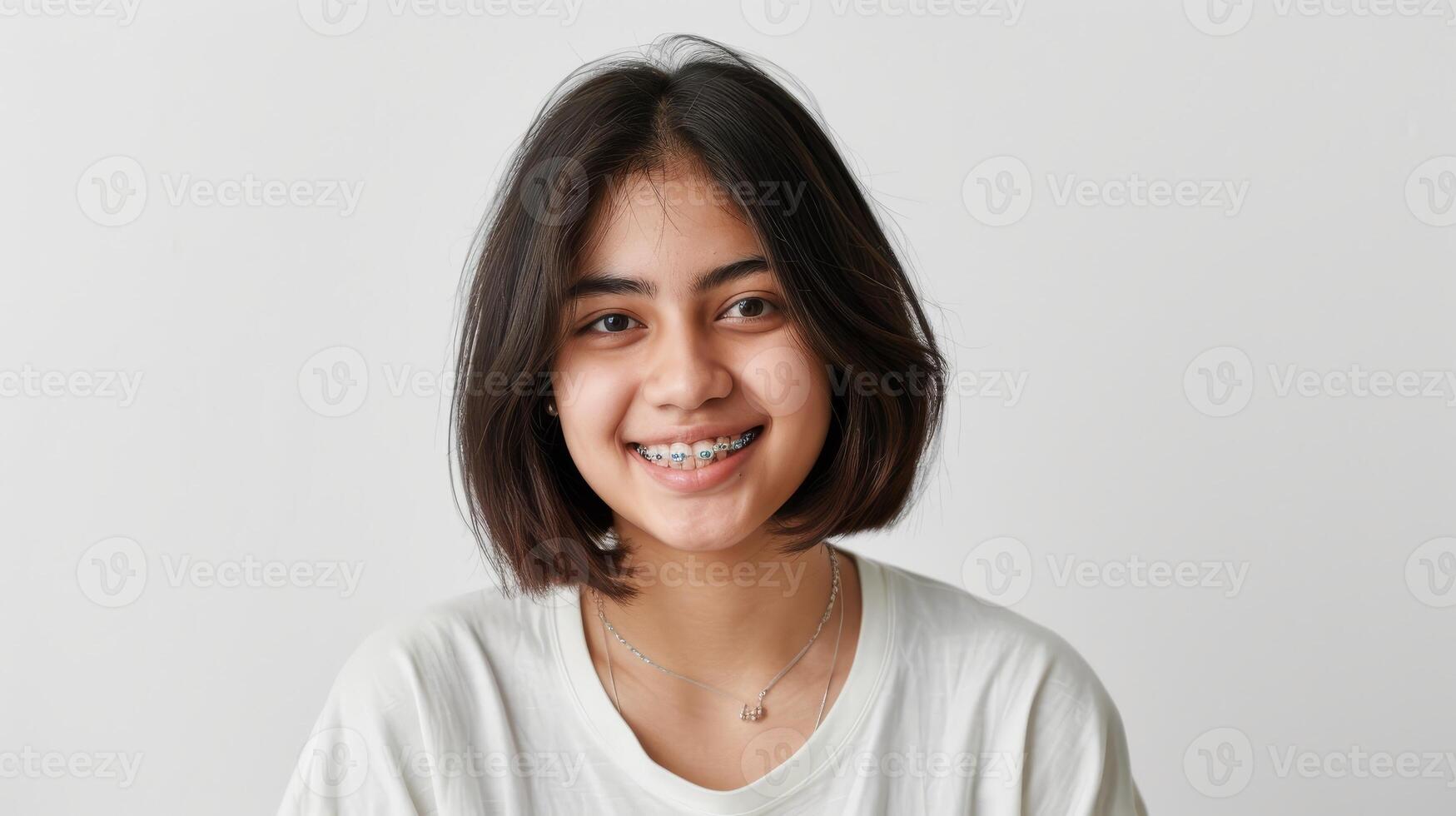 braces on teeth Beautiful red lips and white teeth with metal braces. A girl's smile. photo