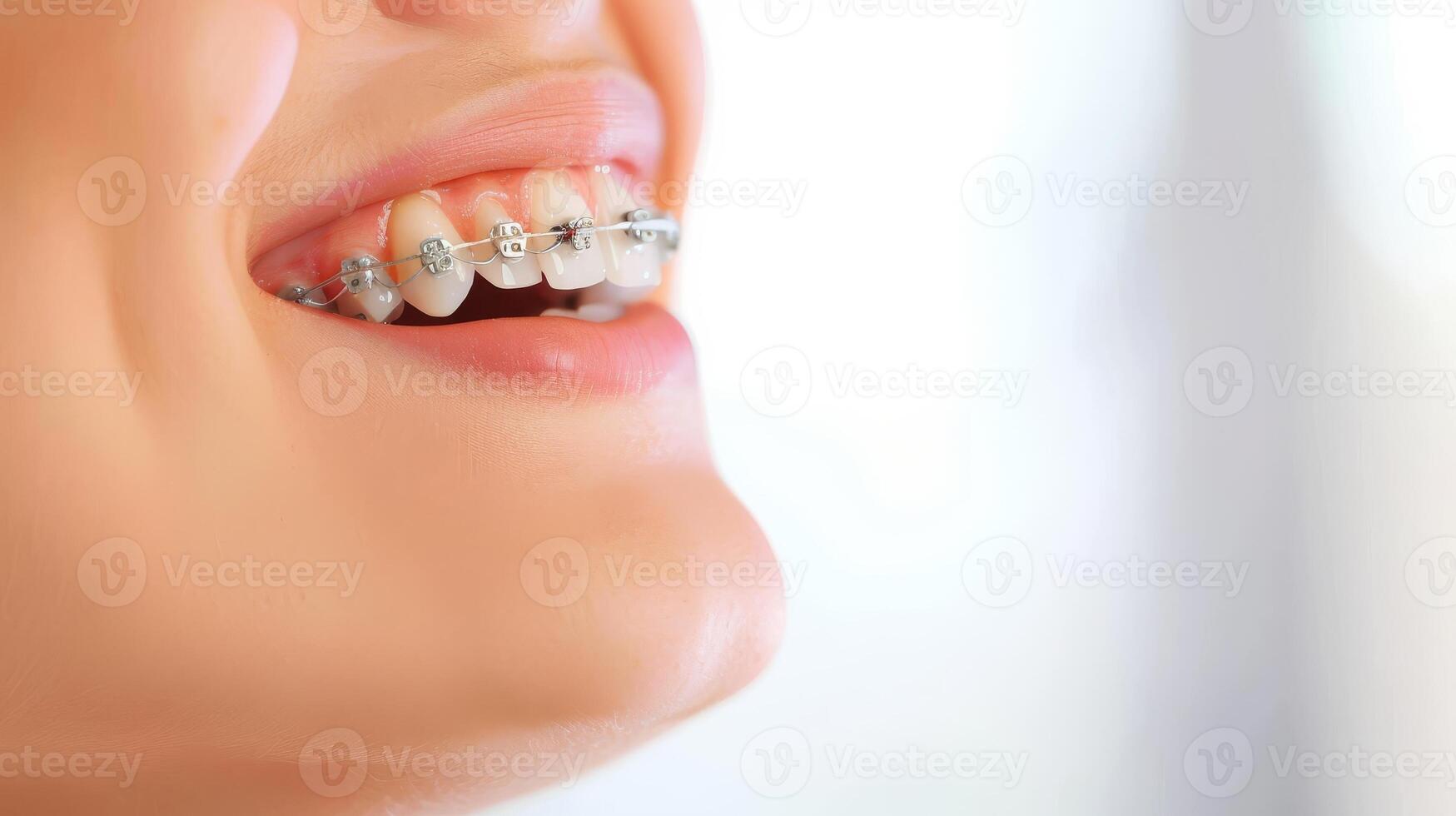 braces on teeth Beautiful red lips and white teeth with metal braces. A girl's smile. photo