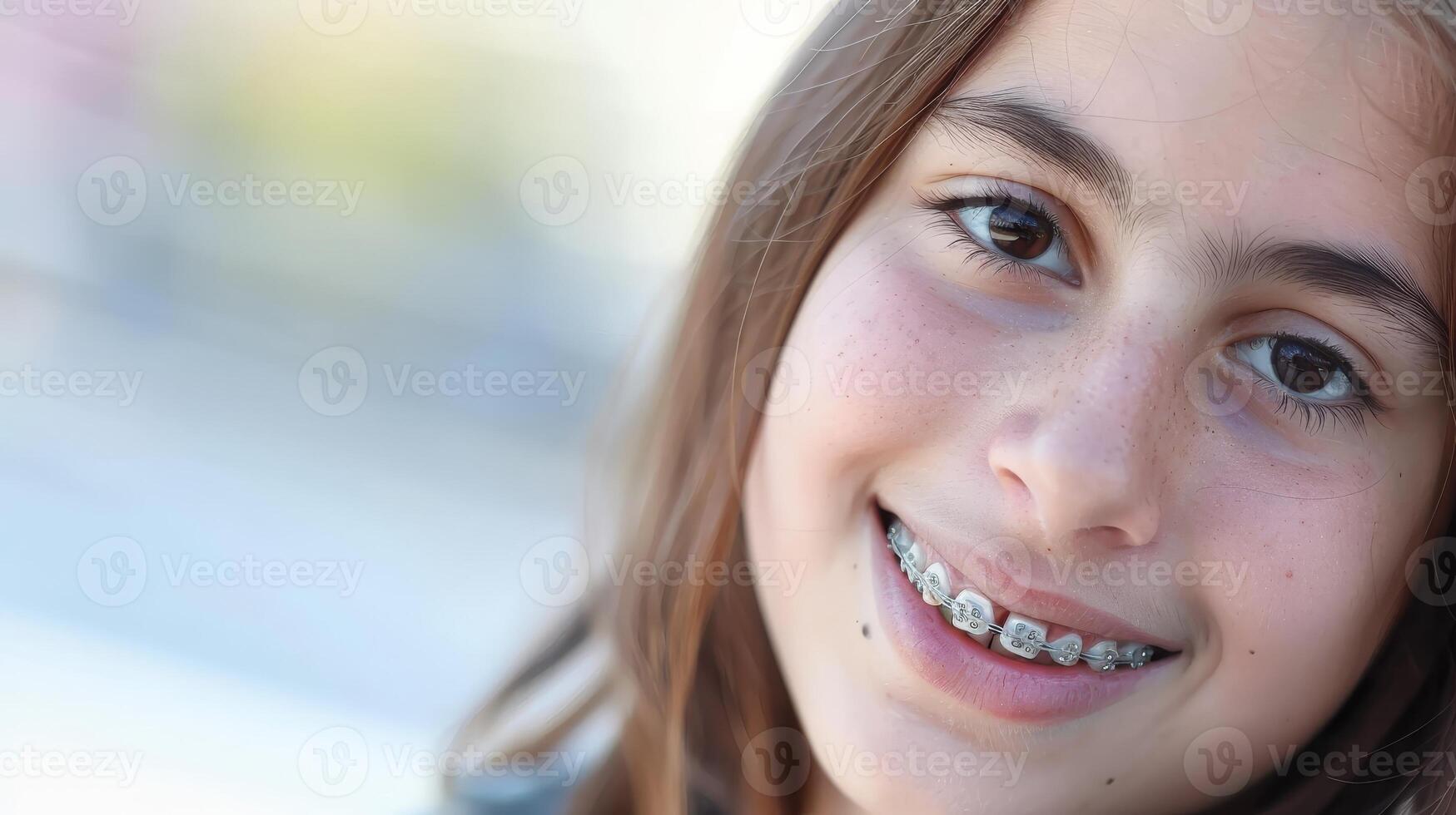 braces on teeth Beautiful red lips and white teeth with metal braces. A girl's smile. photo