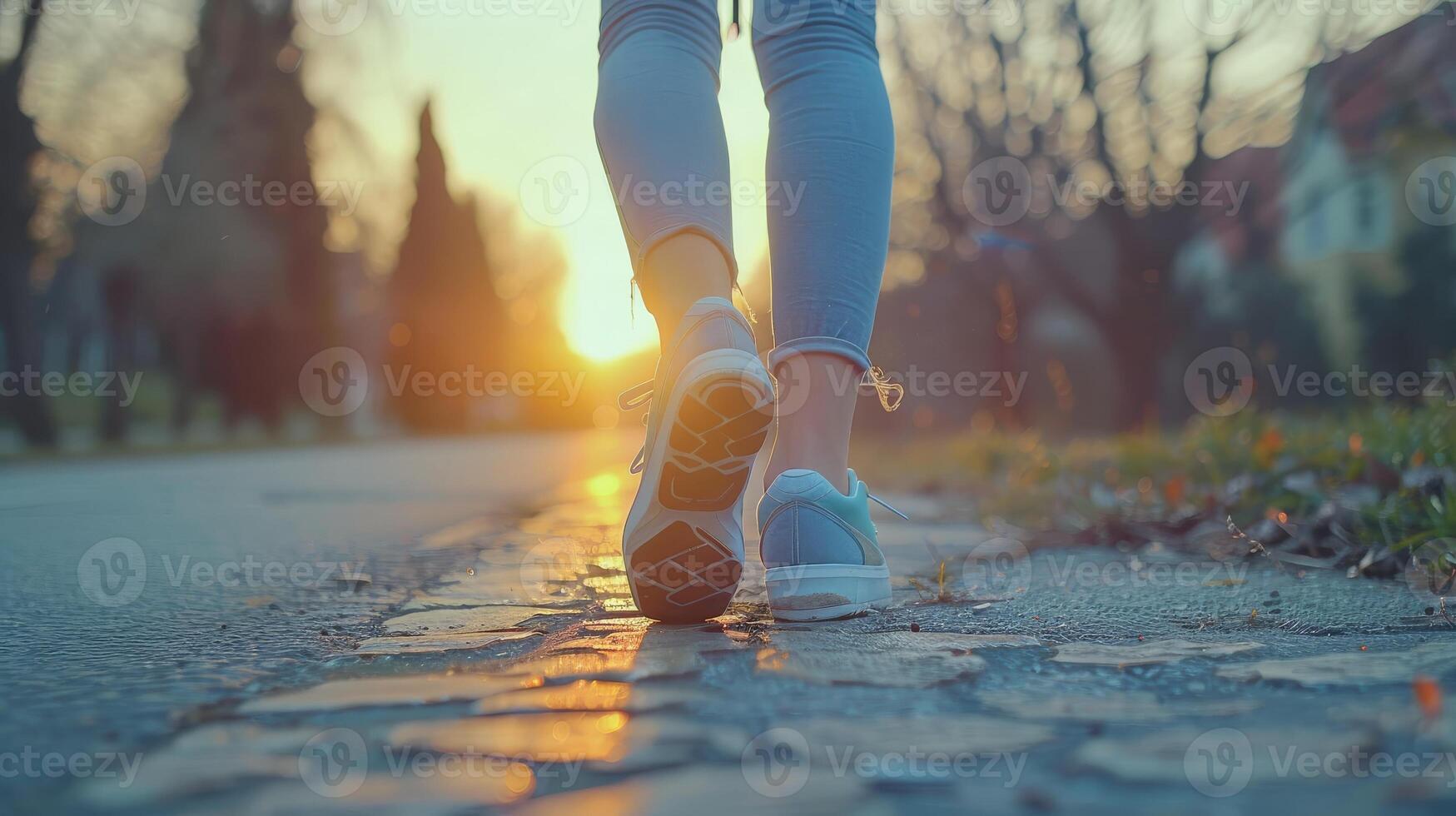 Fitness, sports, training, people and lifestyle concepts. Close-up of woman's feet running on a track from behind. photo
