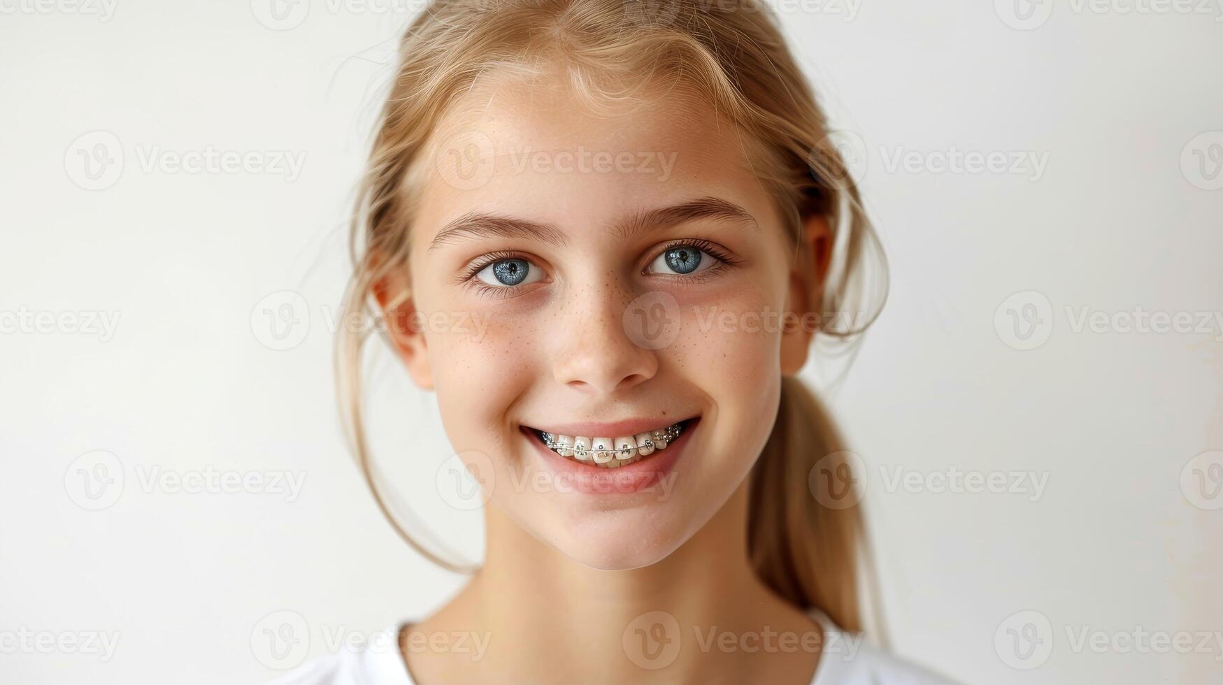 braces on teeth Beautiful red lips and white teeth with metal braces. A girl's smile. photo