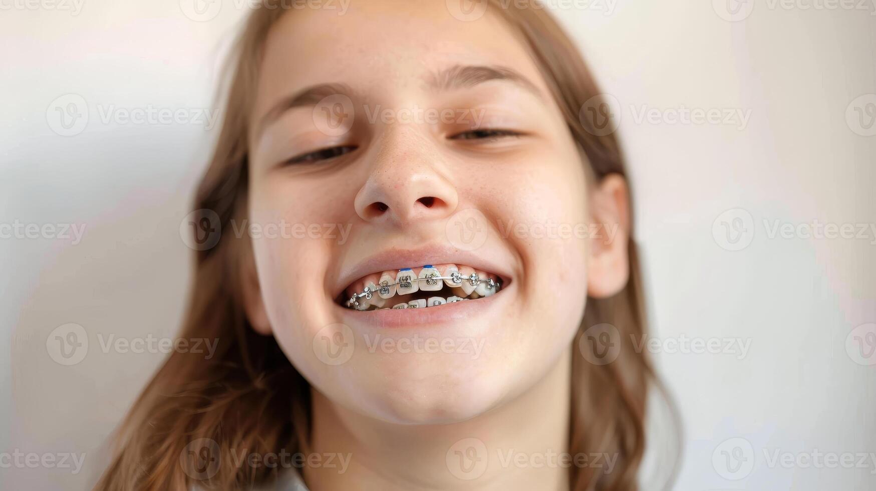 braces on teeth Beautiful red lips and white teeth with metal braces. A girl's smile. photo