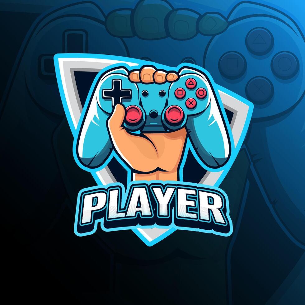 Hand holding joystick game controller mascot logo design for badge, emblem, esport and t-shirt printing vector