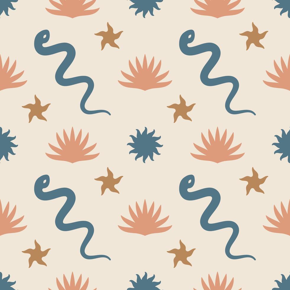 seamless pattern with snake with signs of sun, starfish, tropical plant. Mystical boho background for fabric design, packaging, phone case, wrapping paper vector