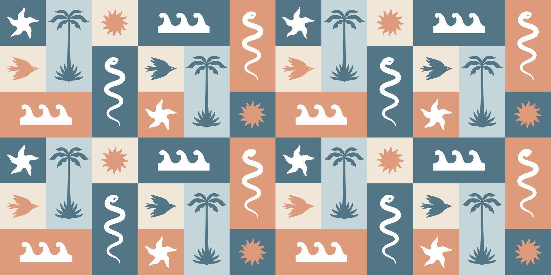 Summer tropical pattern in boho hippie surf style. Palm trees, starfish, waves, sun, bird, snake. seamless background for printing on fabric. vector