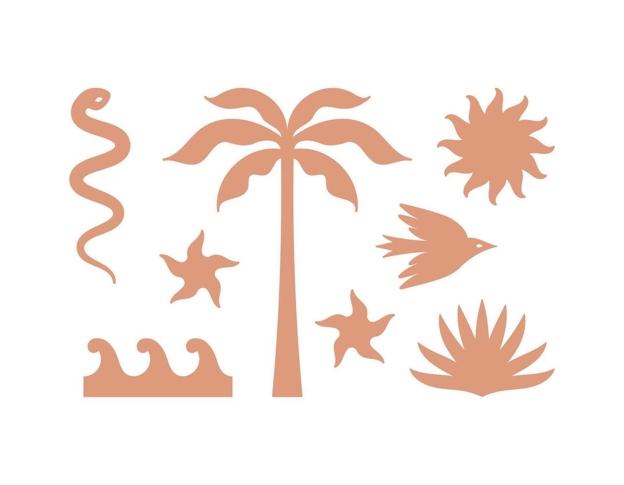 logo y impresión diseño plantillas, verano palmas, tropical mano dibujado ilustraciones, tropical surf concepto, vacaciones y viajar, palma arboles y hippie boho elementos vector