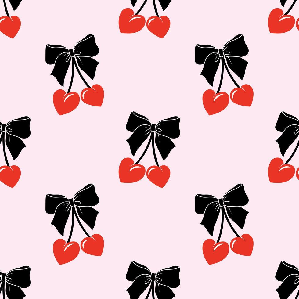 Seamless Cherry pattern with bow in cartoon style. Cute trendy design. funky illustration. Ballet-core, coquette-core background. vector
