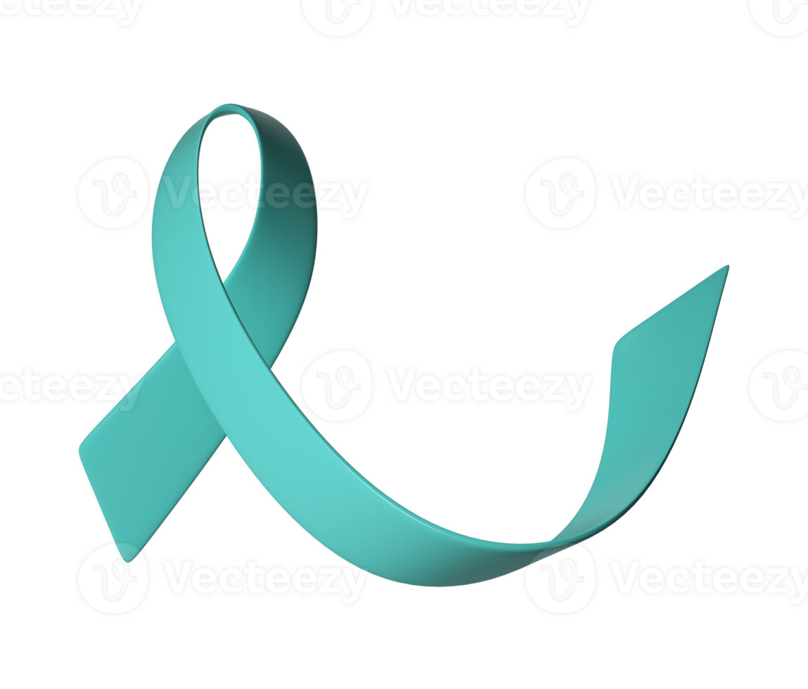 3d teal ribbon icon illustration. Awareness for cervical Ovarian Cancer, Polycystic Ovary Syndrome, Post Traumatic Stress Disorder, Obsessive Compulsive Disorder png