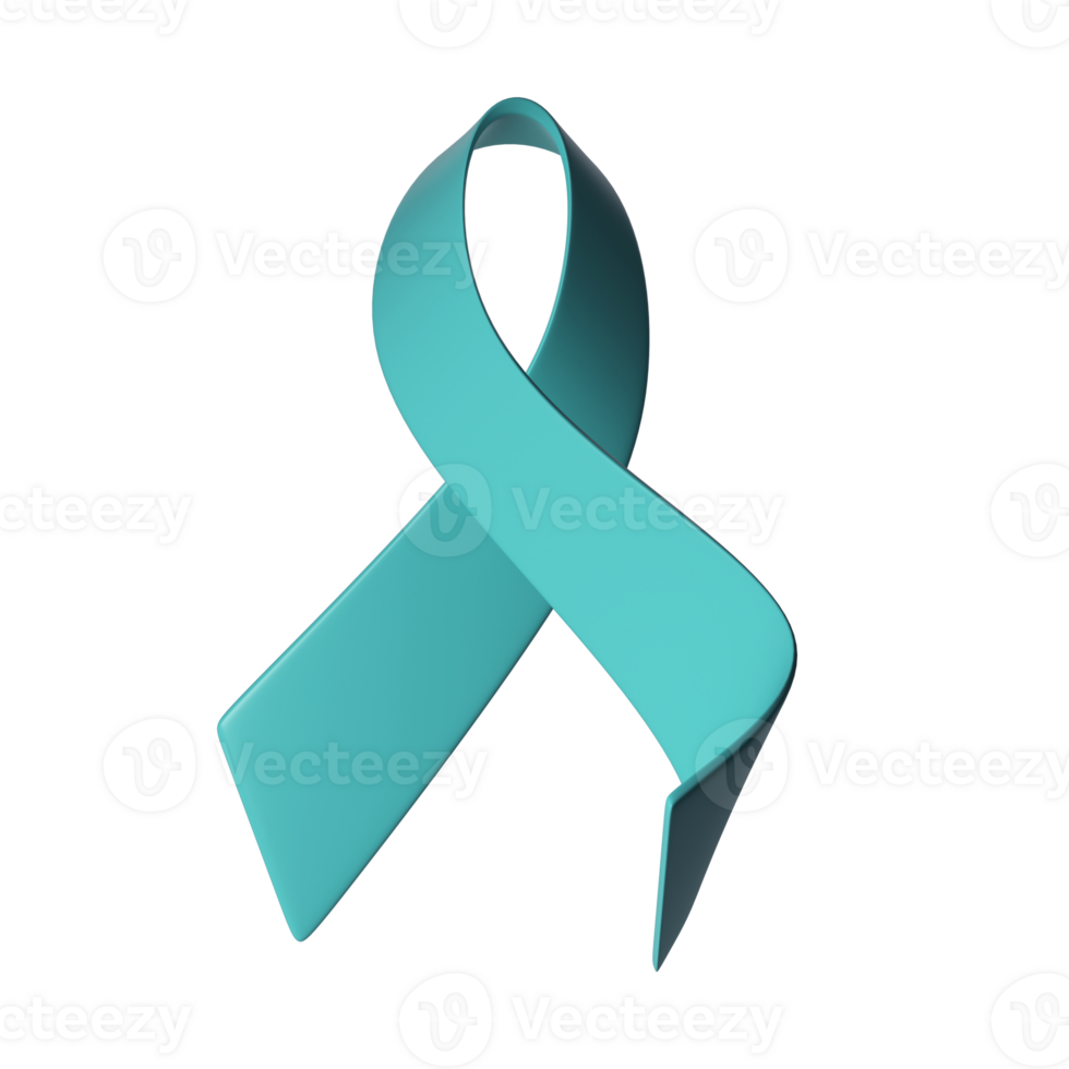 3d teal ribbon icon illustration. Awareness for cervical Ovarian Cancer, Polycystic Ovary Syndrome, Post Traumatic Stress Disorder, Obsessive Compulsive Disorder png