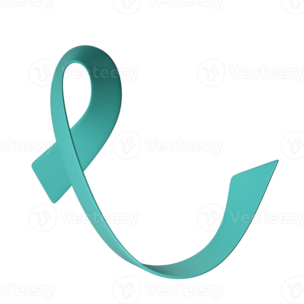 3d teal ribbon icon illustration. Awareness for cervical Ovarian Cancer, Polycystic Ovary Syndrome, Post Traumatic Stress Disorder, Obsessive Compulsive Disorder png