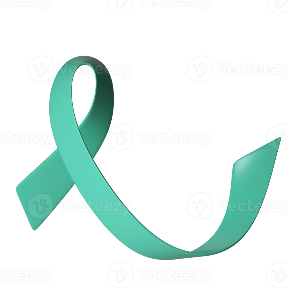 3d teal ribbon icon illustration. Awareness for cervical Ovarian Cancer, Polycystic Ovary Syndrome, Post Traumatic Stress Disorder, Obsessive Compulsive Disorder png