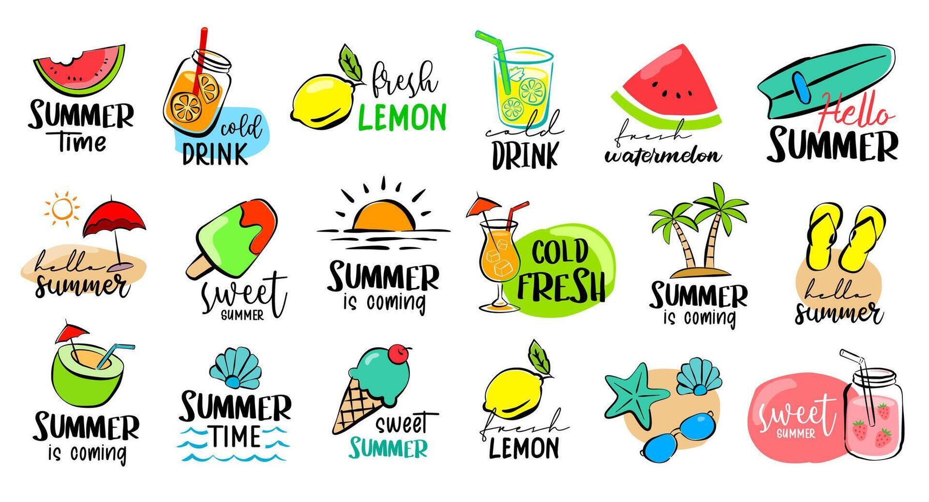 Set of hand drawn signs and banners elements travel. Hello summer symbols and objects. vector