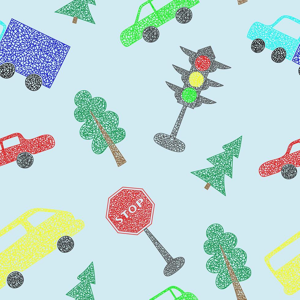 Seamless pattern with hand drawn cars on blue background in childrens naive style. vector
