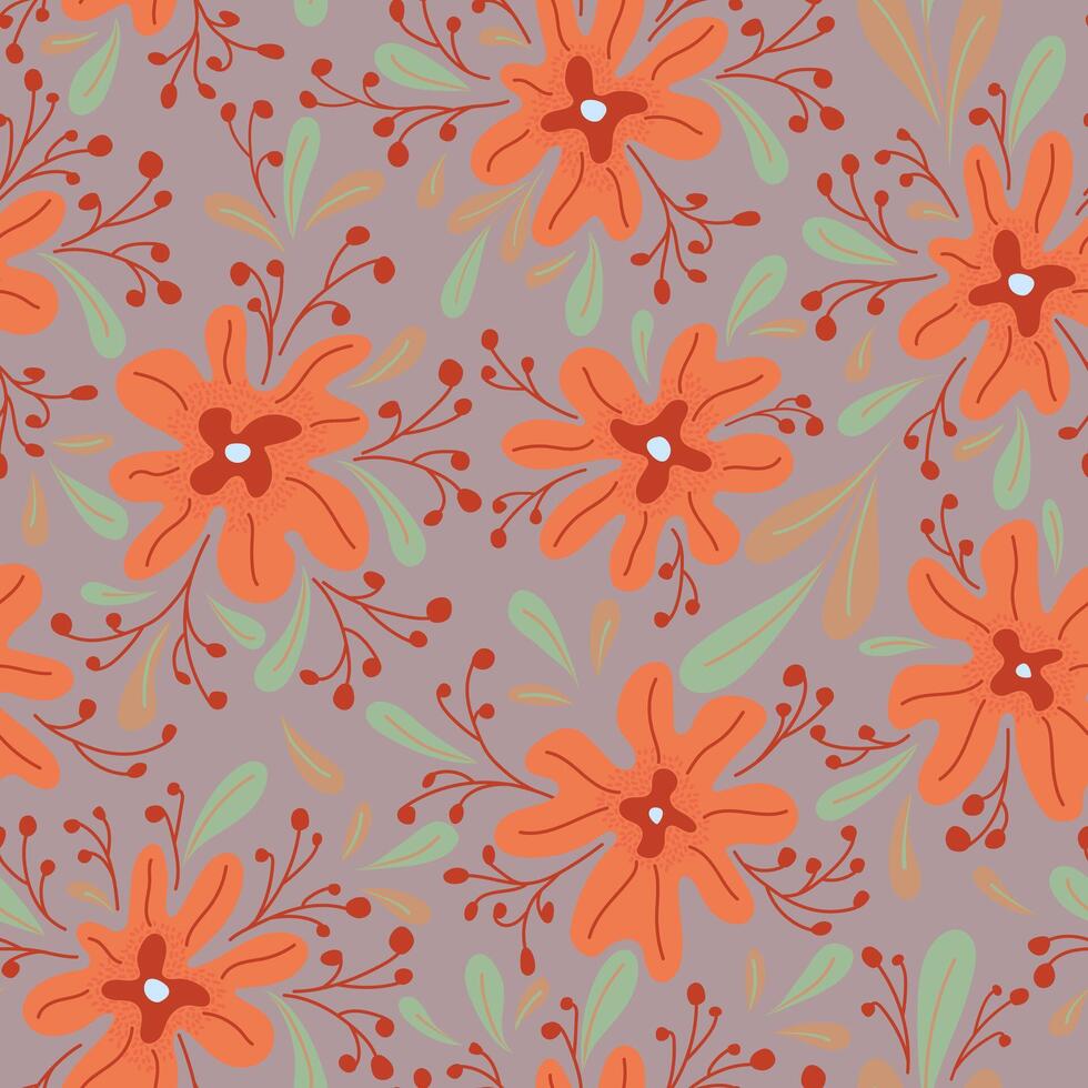Seamless pattern with hand drawn flowers and branh with leaves and berries vector