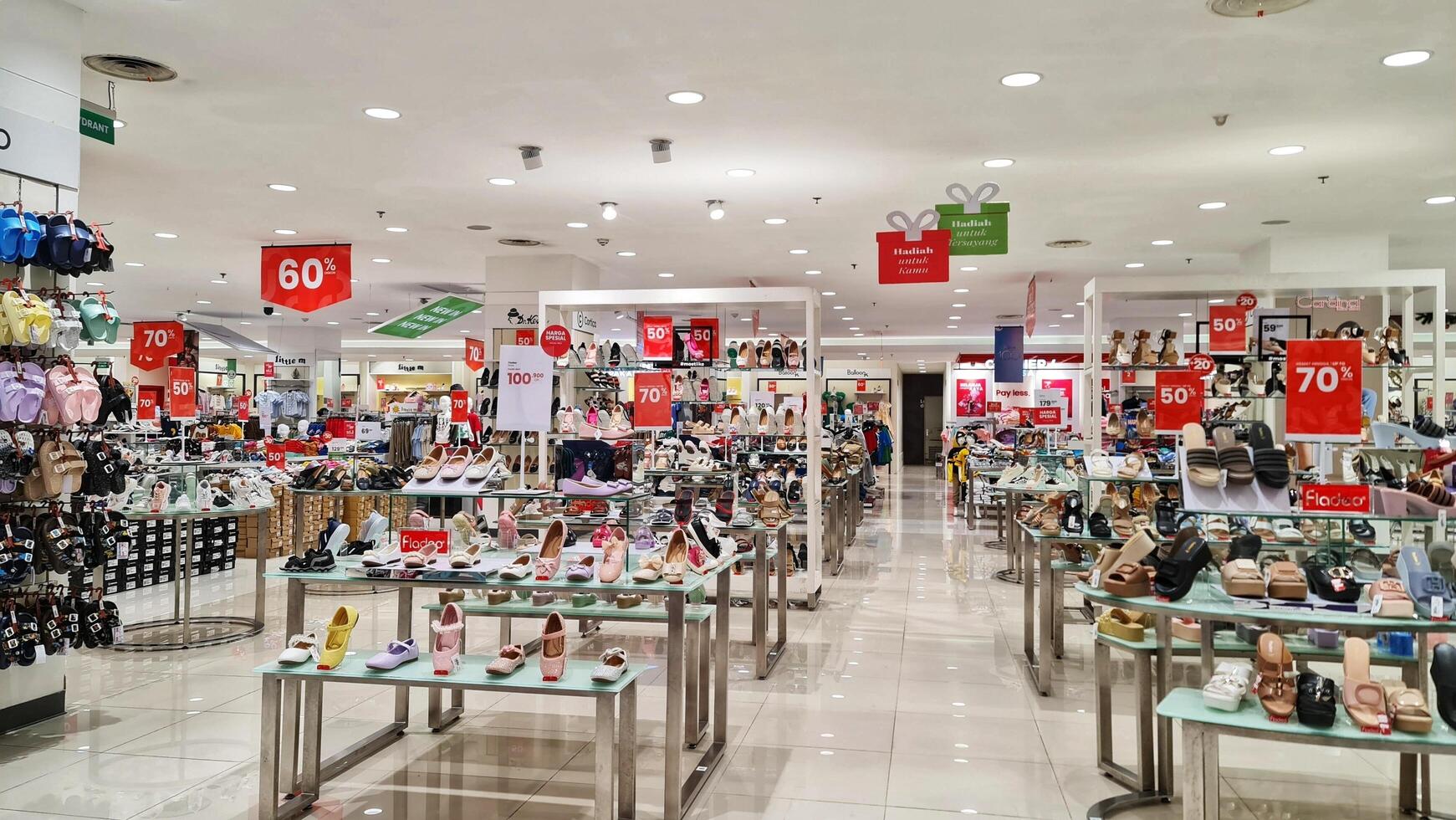Bekasi, Indonesia on December 20 2023. Various types of shoes and sandals at the Matahari Mall store. photo
