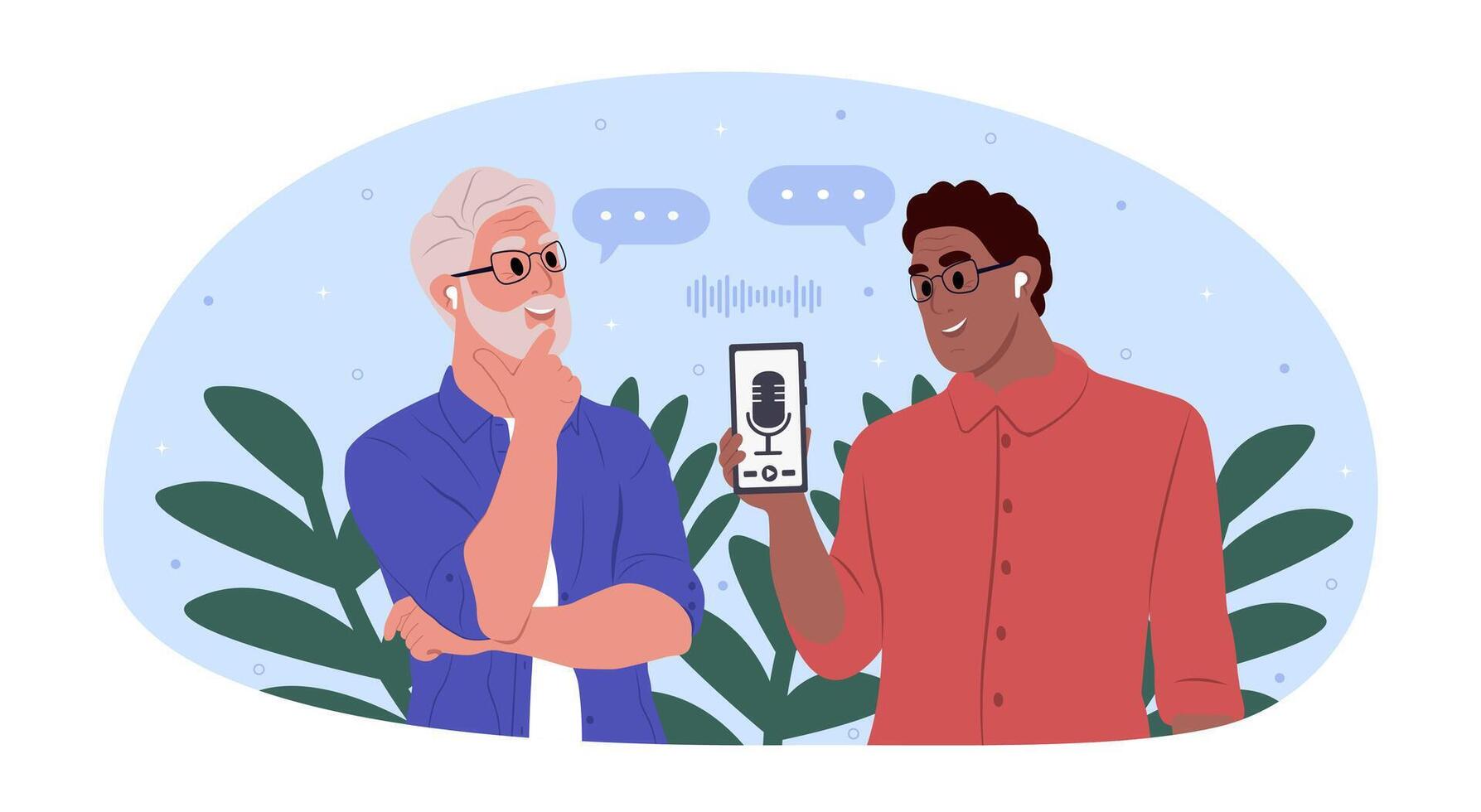 Elderly men wearing headphones listening to soothing music, audio podcast, for mental balance. vector