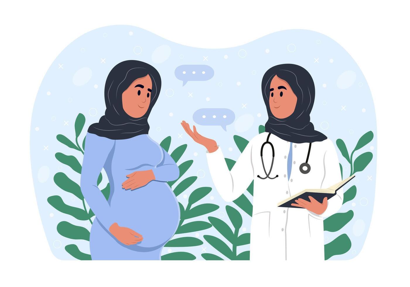 Muslim woman expecting a baby visits the doctors office, examination during pregnancy. A pregnant woman is talking to an obstetrician gynecologist. vector