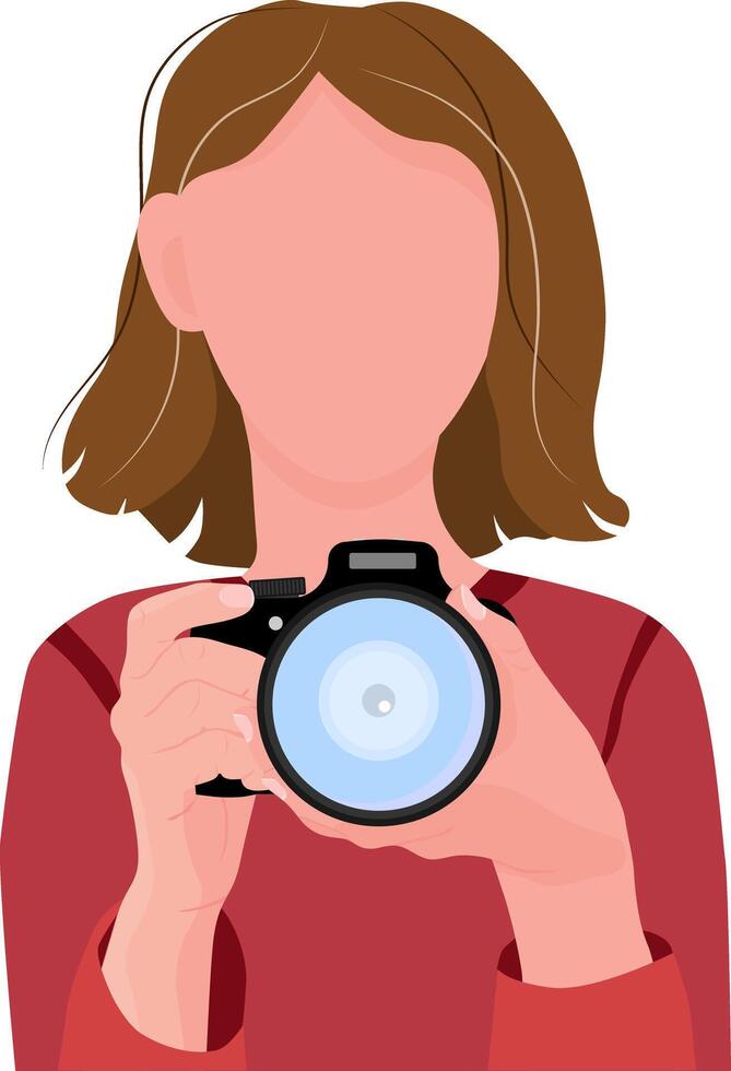 Girl making a photo. Woman with digital photo camera in her hands. Professional photographer vector