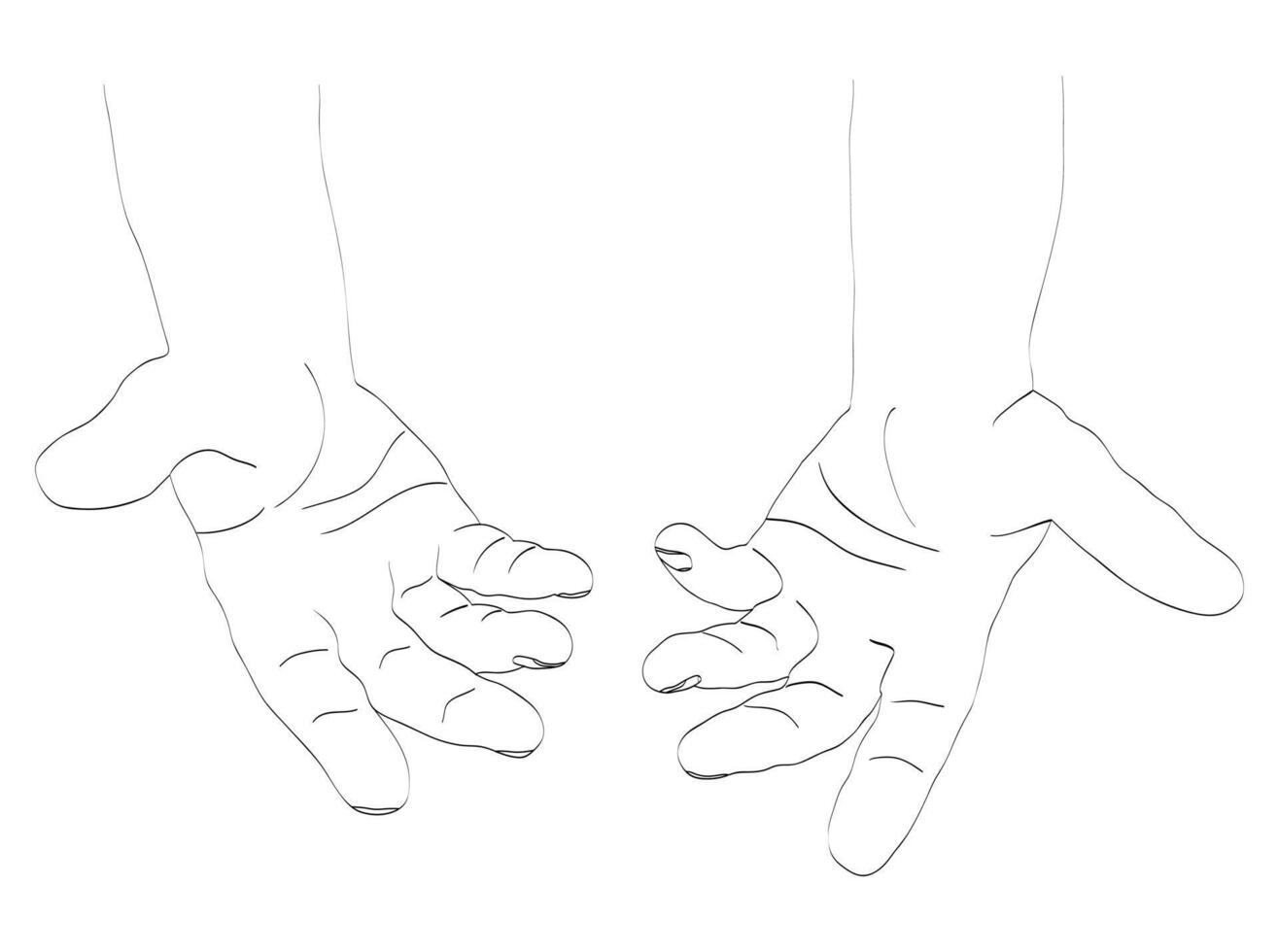 Human open hands. Pair of men hands with exposed palm, request or donation. Line art vector