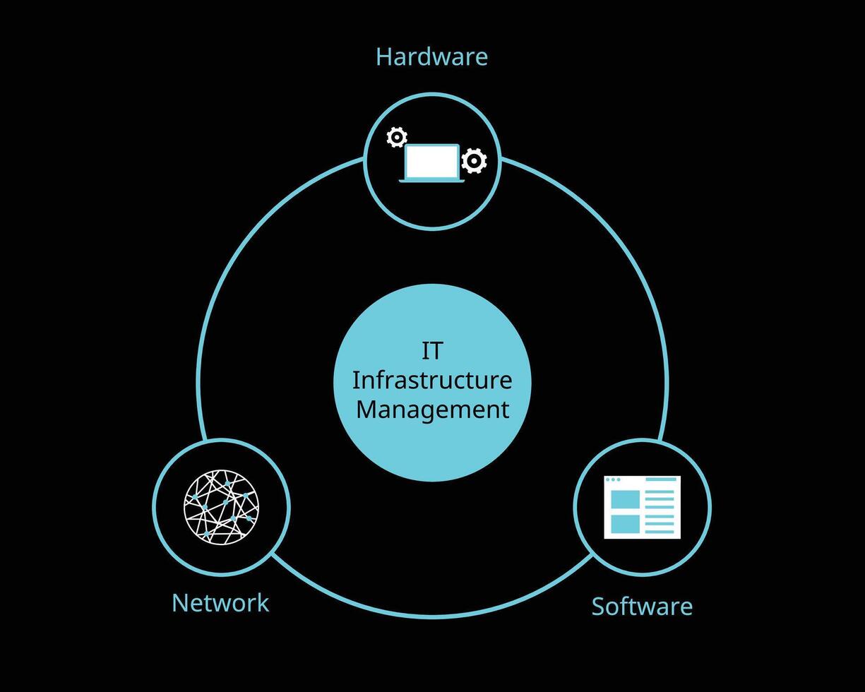 Major Components of IT Infrastructure of hardware, software, network vector