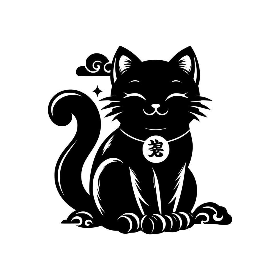 black cat on . Black Japanese traditional lucky cat traditional. Cute cat and clouds. Cat Maneki Neko vector