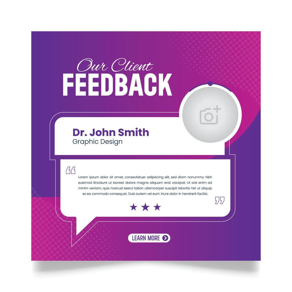 Client feedback review or client testimonial design for social media post. customer service feedback template. client testimonial comment or quote square design vector