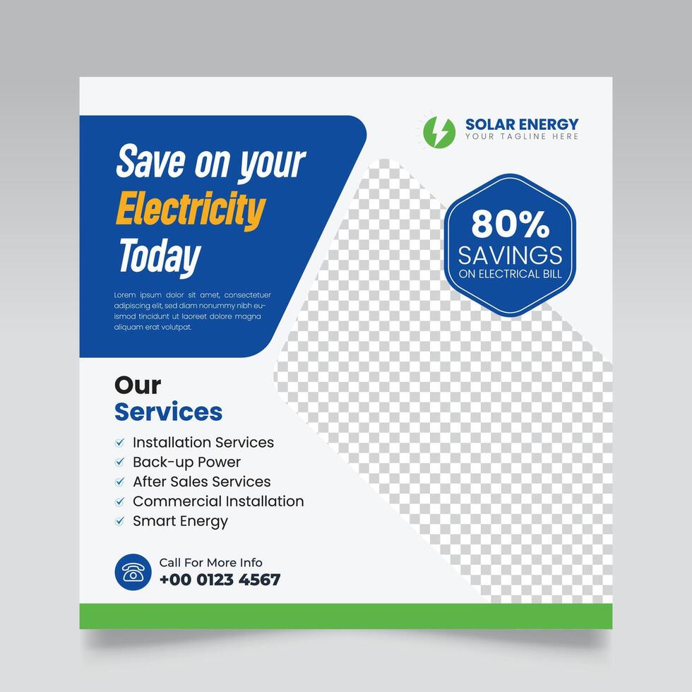 Renewable and sustainable solar energy square social media post flyer and web banner template. vector