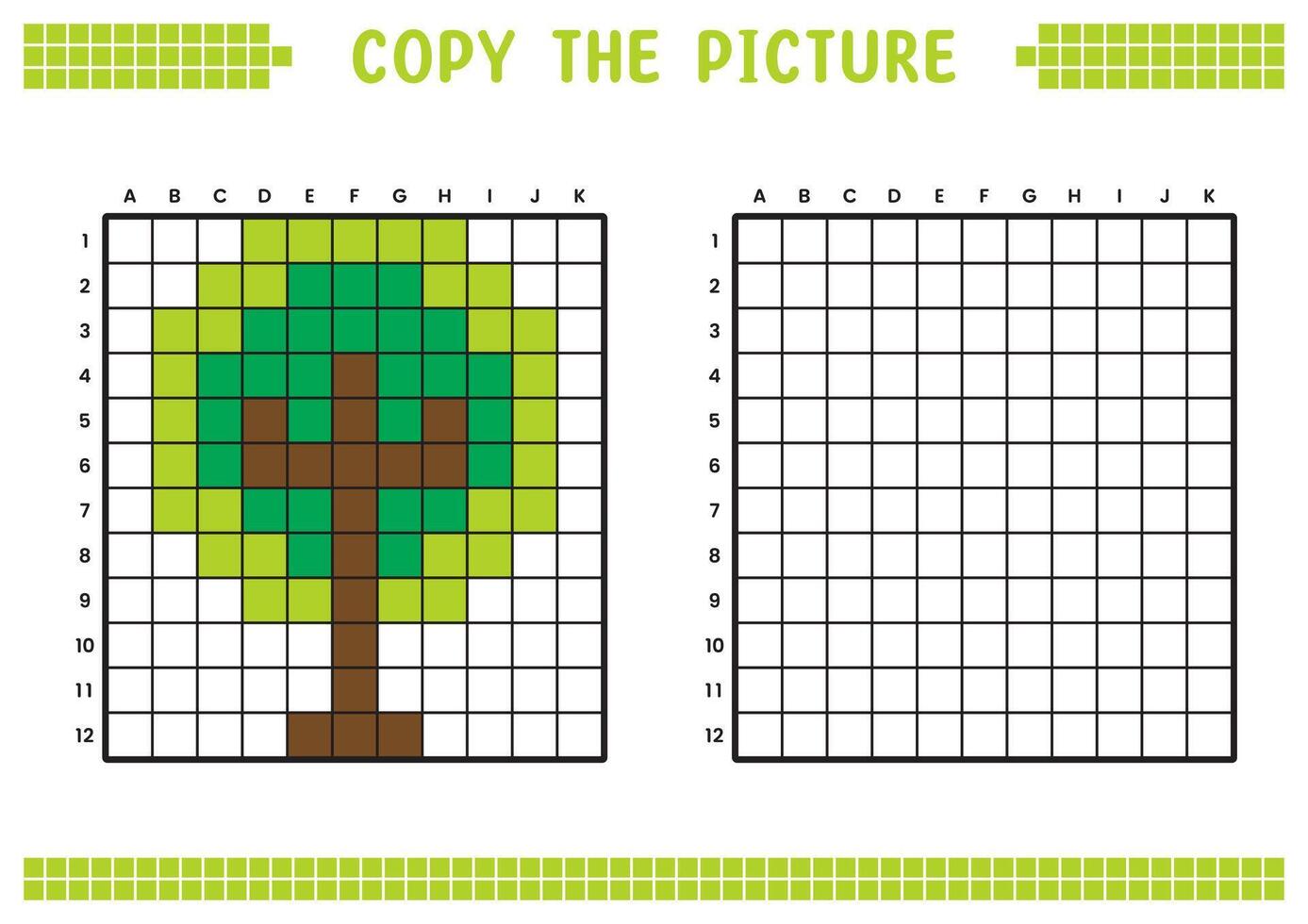 Copy the picture, complete the grid image. Educational worksheets drawing with squares, coloring cell areas. Children's preschool activities. Cartoon, pixel art. Green tree illustration. vector