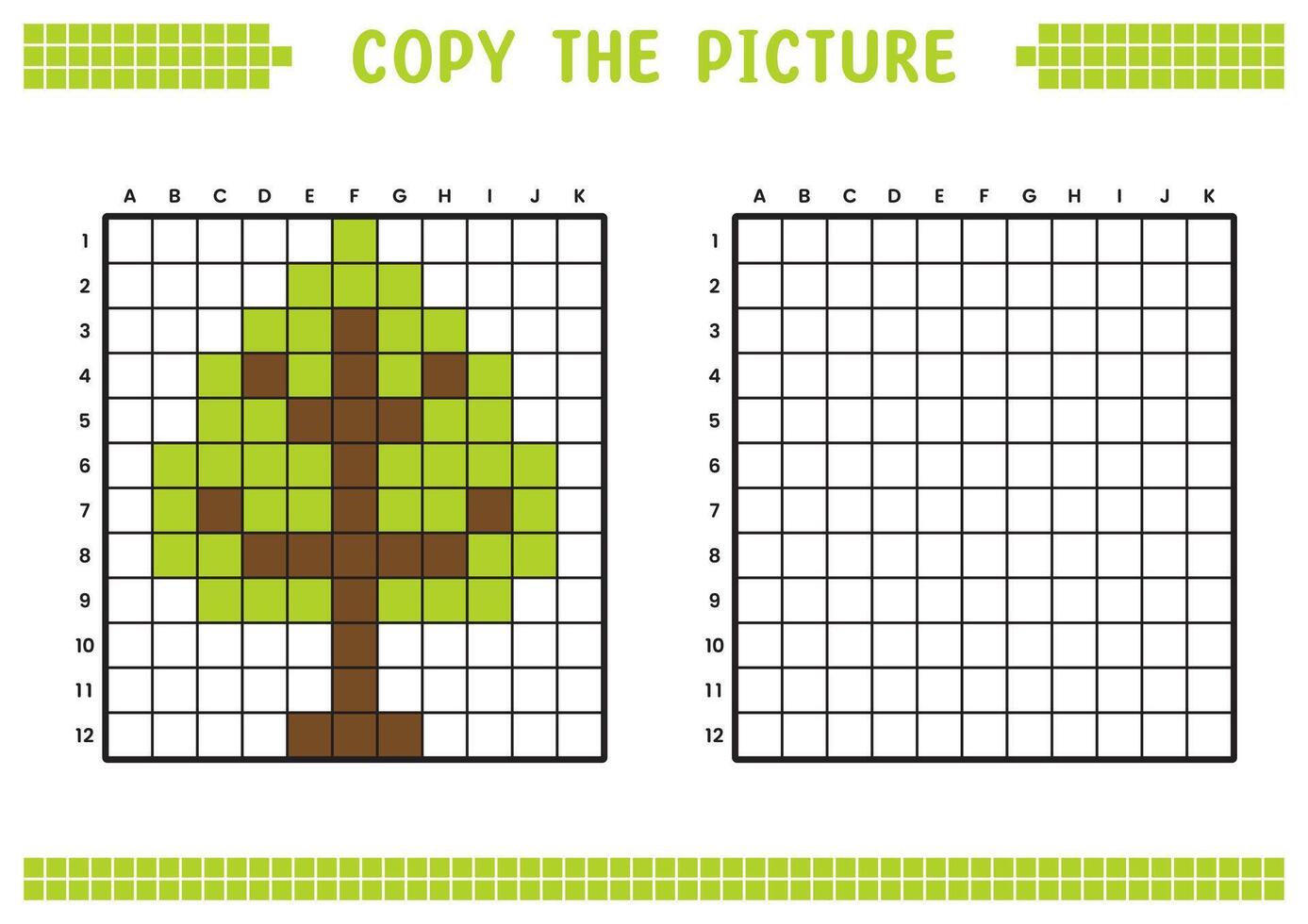 Copy the picture, complete the grid image. Educational worksheets drawing with squares, coloring cell areas. Children's preschool activities. Cartoon, pixel art. Tree illustration. vector
