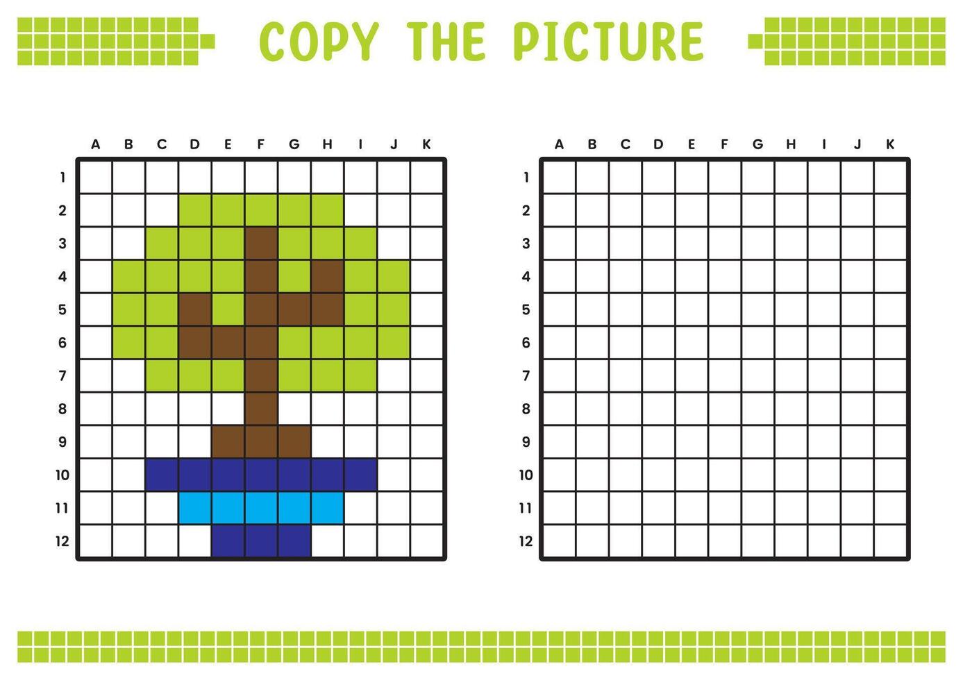 Copy the picture, complete the grid image. Educational worksheets drawing with squares, coloring cell areas. Children's preschool activities. Cartoon, pixel art. Plants and pots illustration. vector