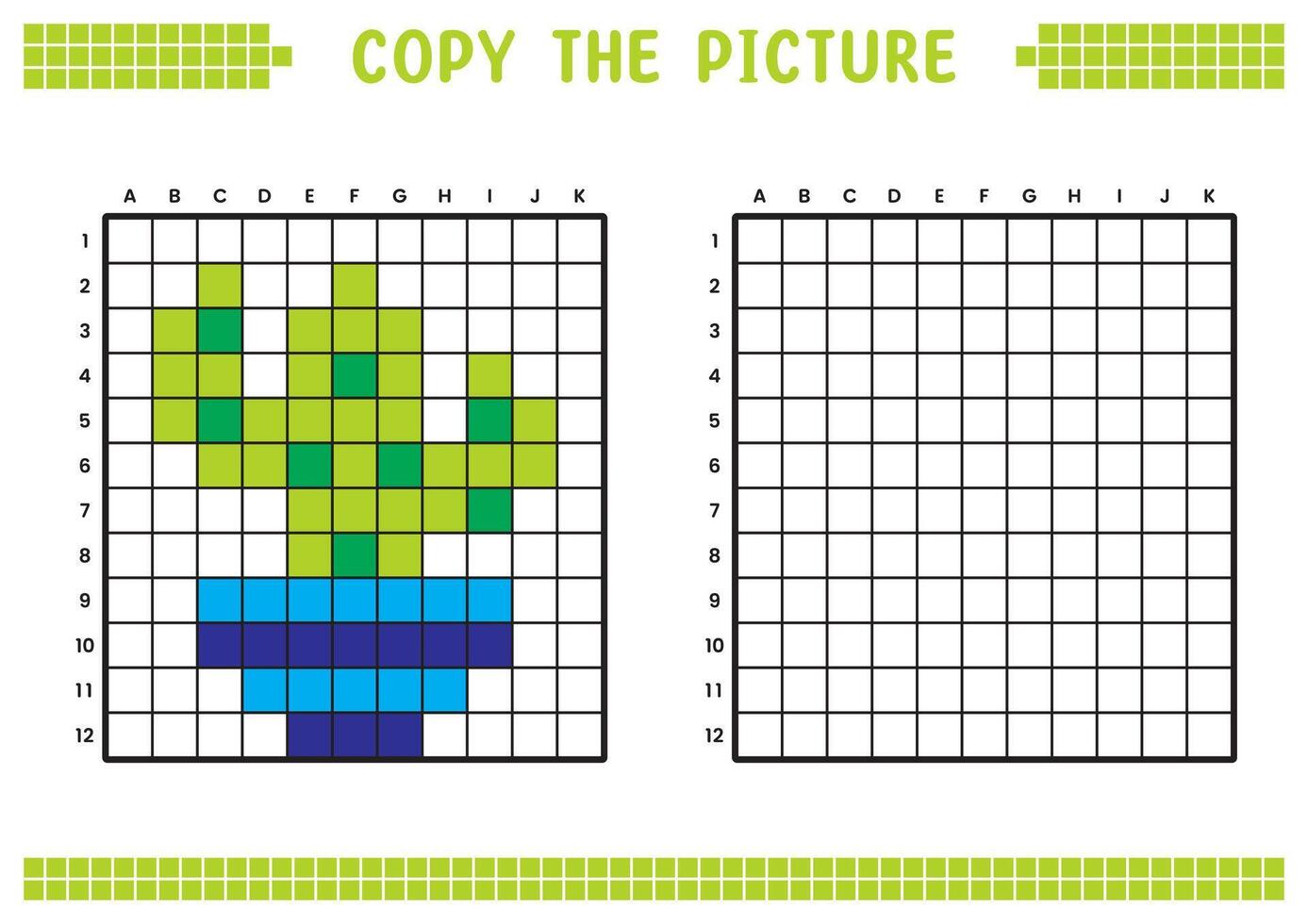 Copy the picture, complete the grid image. Educational worksheets drawing with squares, coloring cell areas. Children's preschool activities. Cartoon, pixel art. Cactus and pot illustration. vector