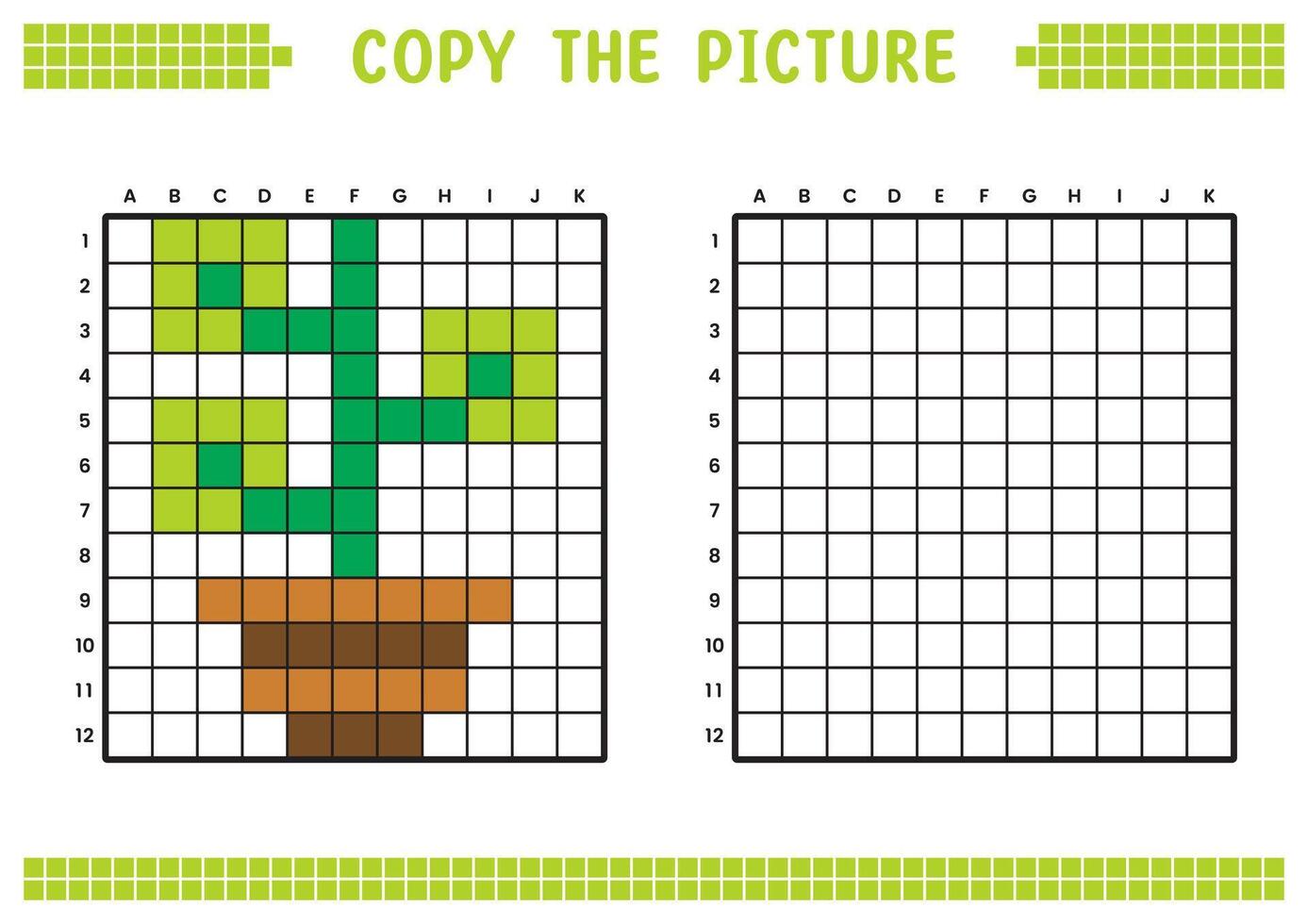 Copy the picture, complete the grid image. Educational worksheets drawing with squares, coloring cell areas. Children's preschool activities. Cartoon, pixel art. Plants and pots illustration. vector