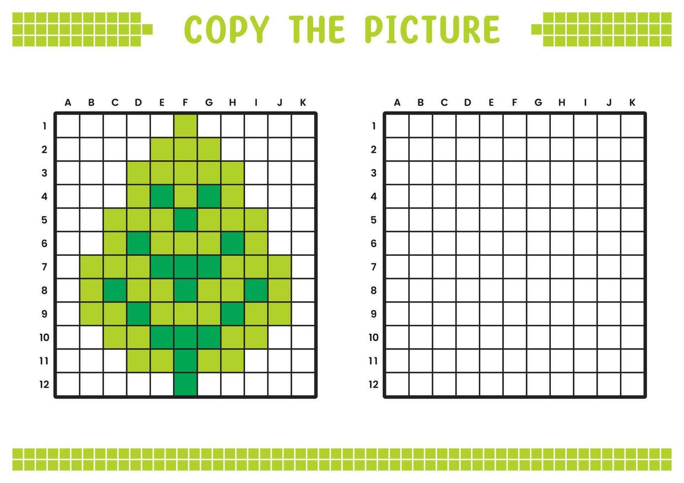 Copy the picture, complete the grid image. Educational worksheets drawing with squares, coloring cell areas. Children's preschool activities. Cartoon, pixel art. Pine tree illustration. vector