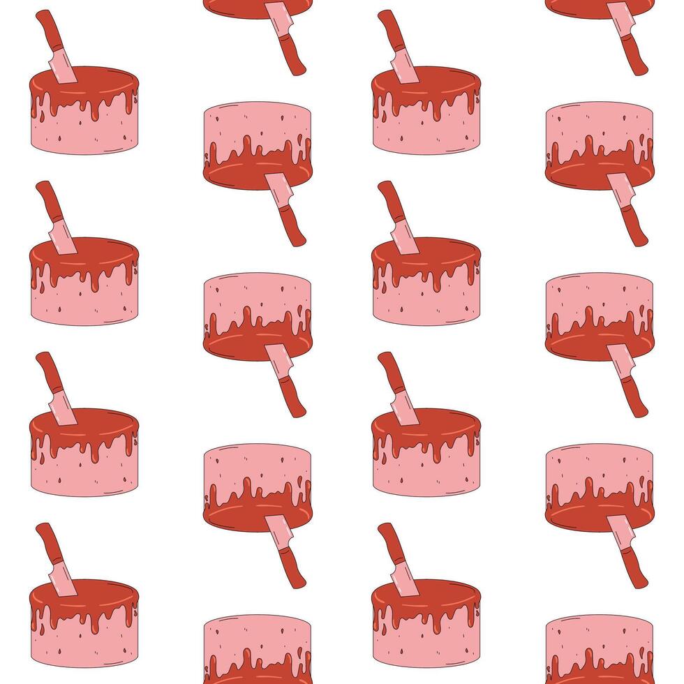 Terrible fake bloody cake. Halloween dessert with a stuck knife. Red dripping glaze. Trendy retro color. Seamless pattern. vector