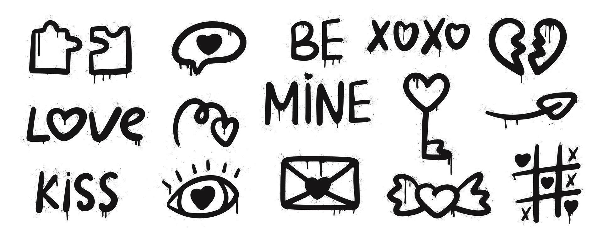 Set graffiti clip art. Urban street style. Valentine day elements. Y2k love set. Collection of heart, puzzle, eye, speech bubble, mail, tic tac toe. Splash effects and drops. Grunge and spray texture. vector