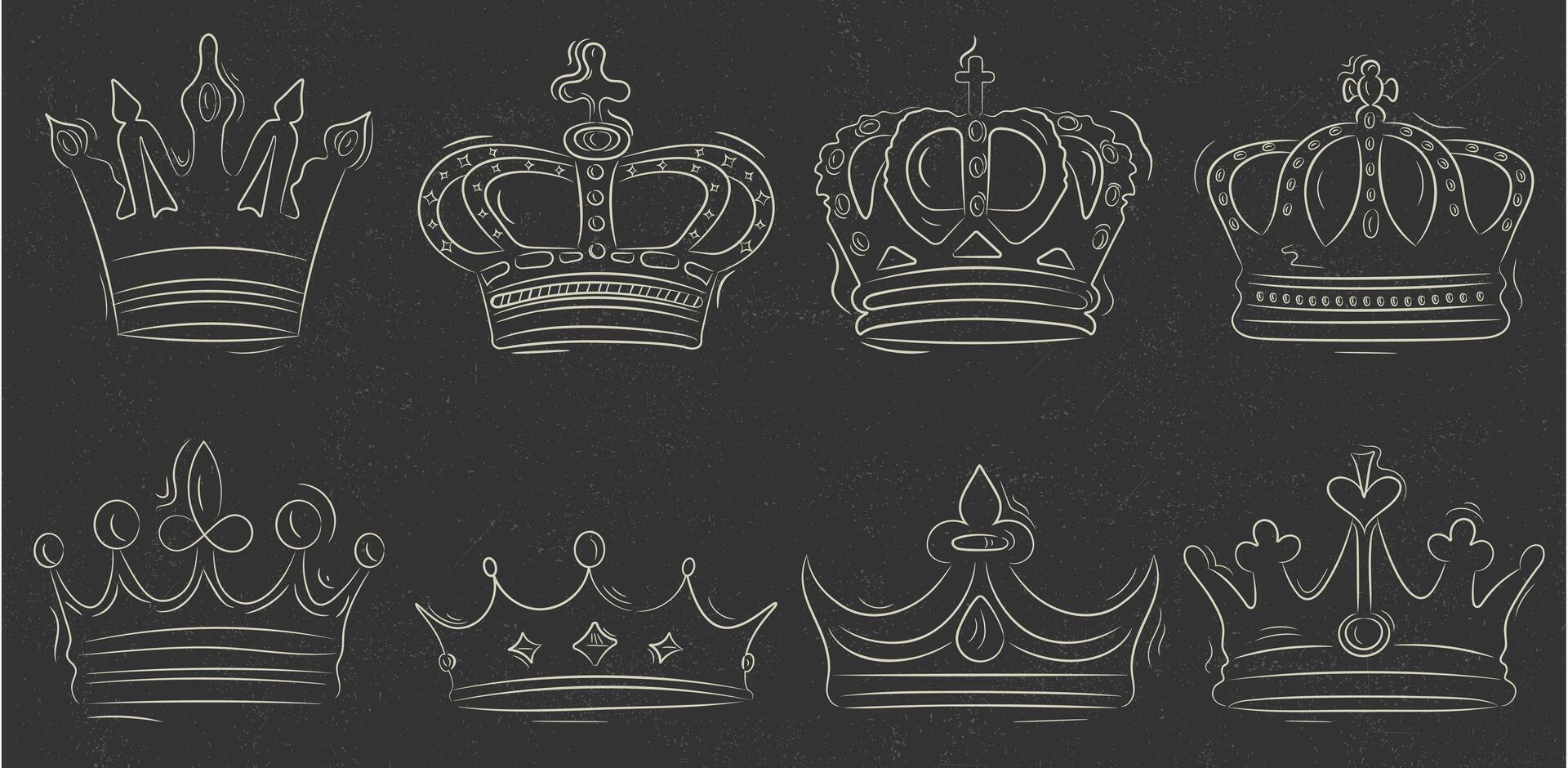 Set of royal crowns in hand drawn style, Set of crowns in white lines on gray background with grunge texture vector