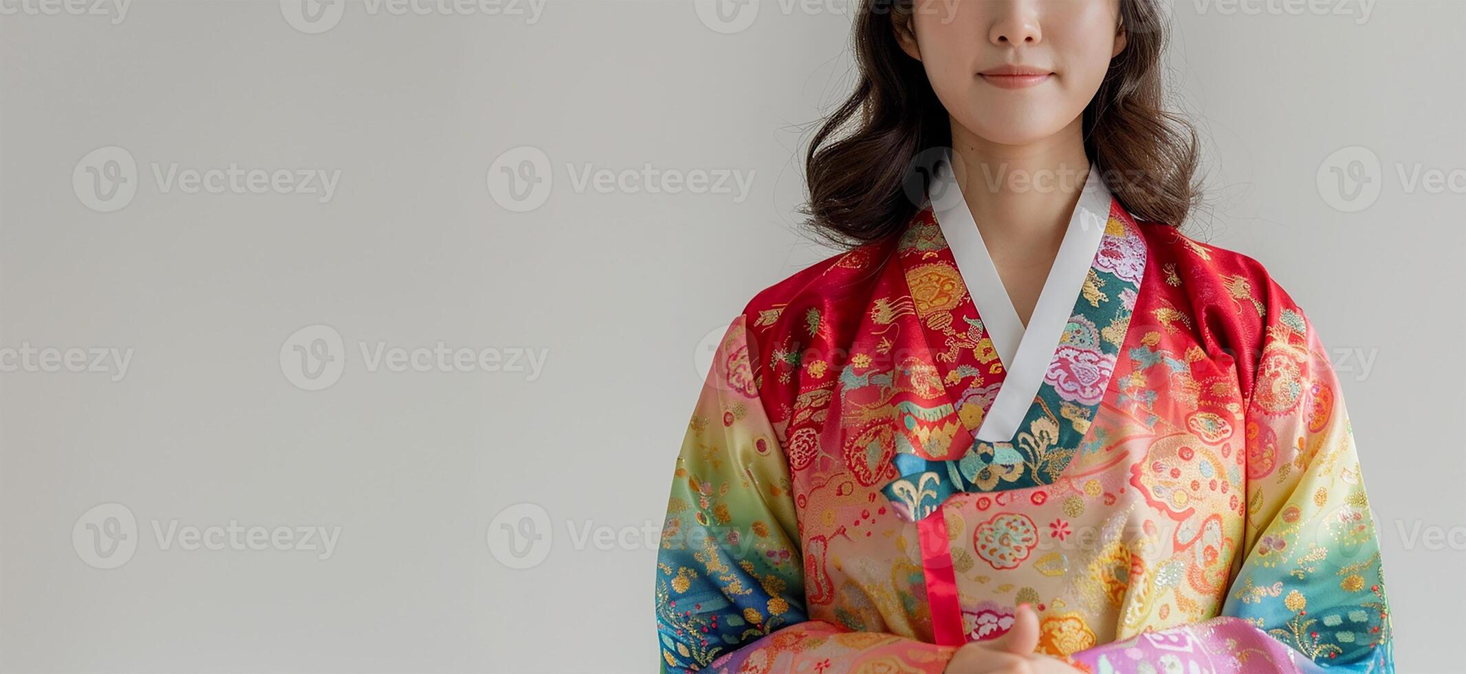 Woman in traditional dress, hands together, white backdrop photo