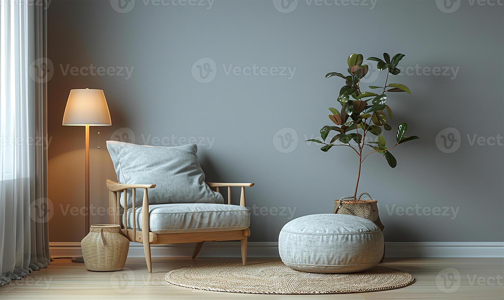 acogedor escandinavo rincón invita relajación suave texturas, calentar luz de lámpara, y un felpa alfombra dibujar usted en. foto